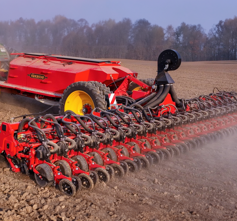 Väderstad Tempo L 8-32 Central Fill Precision Planter planting a variety of seeds, including maize, soya, and oilseed rape